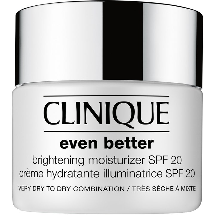 Clinique Even Better Brightening Moisturizer SPF 20 kirkastava kasvovoide valkoisessa purkissa hopeisella kannella