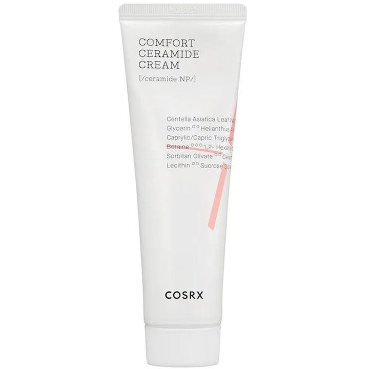 COSRX Comfort Ceramide Cream 80g kosteuttava ja suojaava kasvovoide valkoisessa tuubissa persikanvärisellä kuviolla