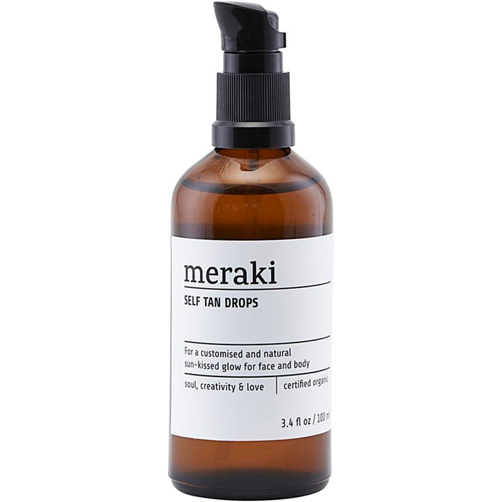 Meraki Self Tan Drops 100 ml itseruskettava antaa luonnollisen hehkun ruskeassa lasipullossa mustalla pumpulla.