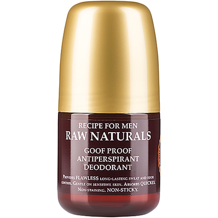 Recipe for Men Raw Naturals Goof Proof Antiperspirant deodorantti estää hikoilua ruskeassa pullossa kultaisella korkilla