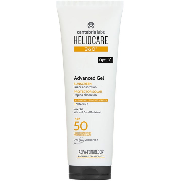 Heliocare 360° Advanced Gel SPF 50 aurinkosuojageeli on nopeasti imeytyvä valkoinen tuubi mustalla korkilla.