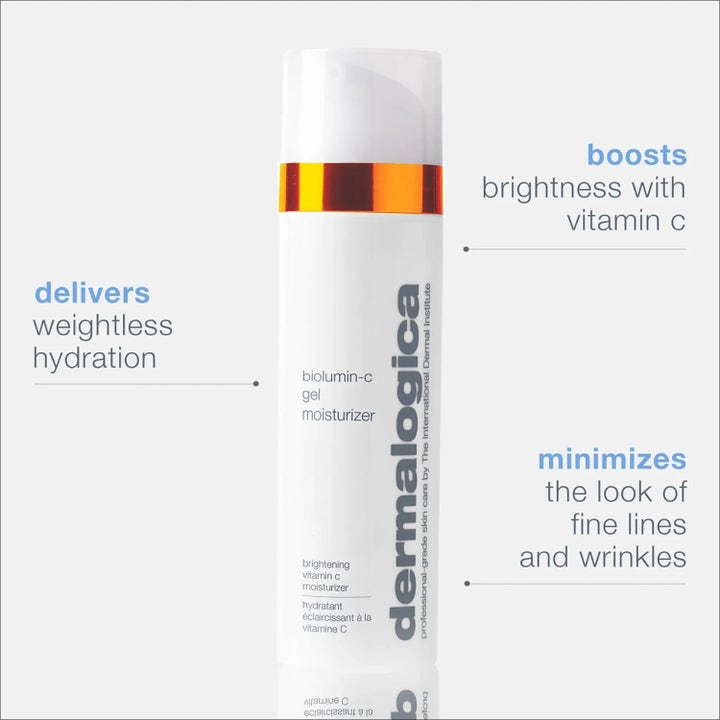 Dermalogica BioLumin-C Gel Moisturizer kirkastava C-vitamiini kasvovoide valkoisessa pullossa oranssilla kauluksella.