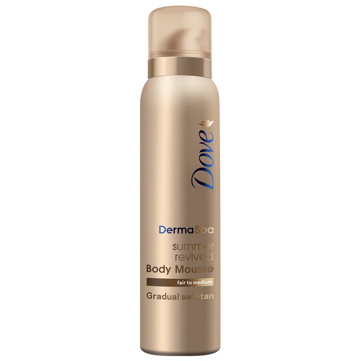 Dove DermaSpa Summer Revived Body Mousse Fair to Medium päivettävä vartalovaahto kultaisessa metallipullossa