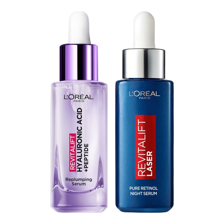 L'Oréal Paris Revitalift Filler ja Laser seerumit silottava hoito violetissa ja sinisessä lasipullossa