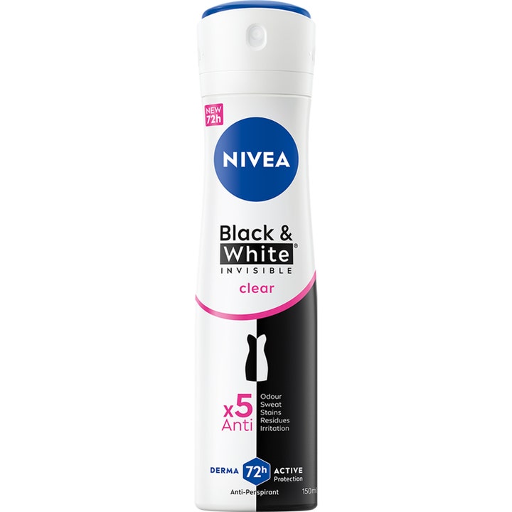 Nivea Black & White Invisible Clear 150 ml antiperspiranttisuihke ehkäisee tahroja valkoisessa pullossa sinisellä korkilla