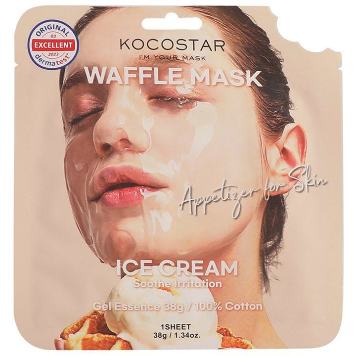 Kocostar Waffle Mask Ice Cream 38 g rauhoittava kangasnaamio vaaleassa pakkauksessa jossa on kuva vohvelista ja jäätelöstä
