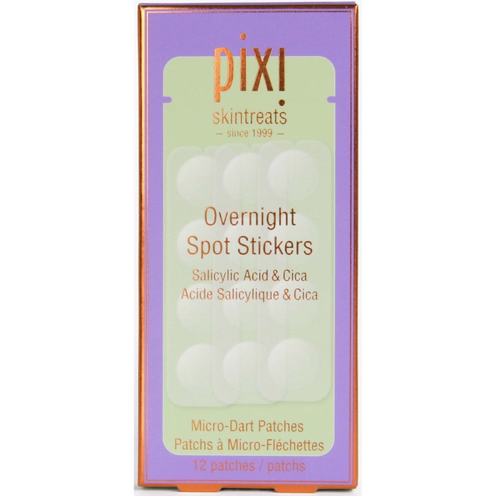 Pixi Overnight Spot Stickers 12 kpl rauhoittavat finnilaastarit epäpuhtauksia vastaan liilassa ja vihreässä pakkauksessa