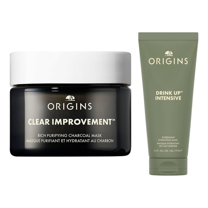 Origins Clear Improvement ja Drink Up 75 ml kasvonaamiosetti puhdistaa ja kosteuttaa mustassa purkissa ja vihreässä tuubissa.