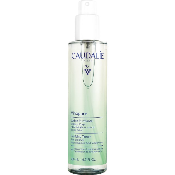 Caudalie Vinopure Purifying Toner 200 ml puhdistava kasvovesi salisyylihapolla läpikuultavassa vihreässä pullossa
