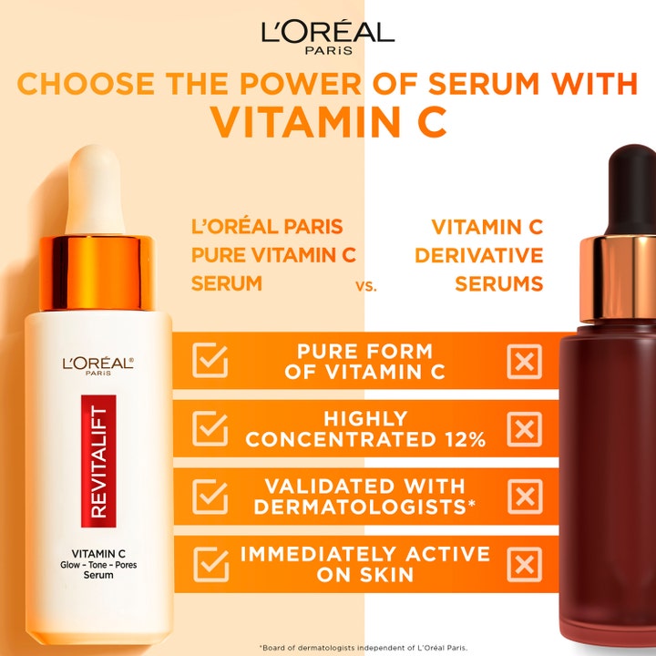 L'Oréal Paris Revitalift Clinical 12% Vitamin C Serum 30 ml heleyttävä seerumi vertailussa johdannaisseerumeihin.
