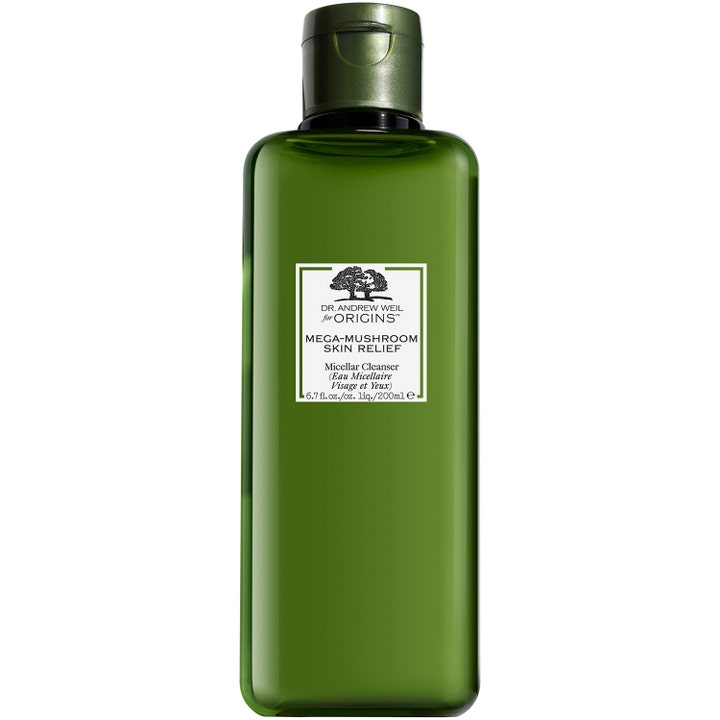 Origins Mega-Mushroom Skin Relief Micellar Cleanser 200 ml rauhoittava misellivesi tummanvihreässä pullossa puhdistaa ihon.