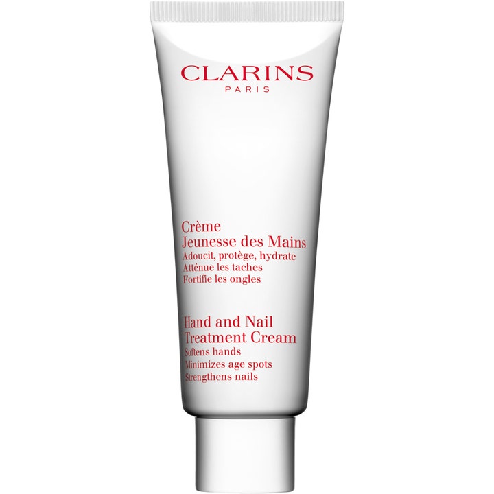 Clarins Hand and Nail Treatment Cream 100 ml vahvistava käsivoide valkoisessa tuubissa punaisella tekstillä.