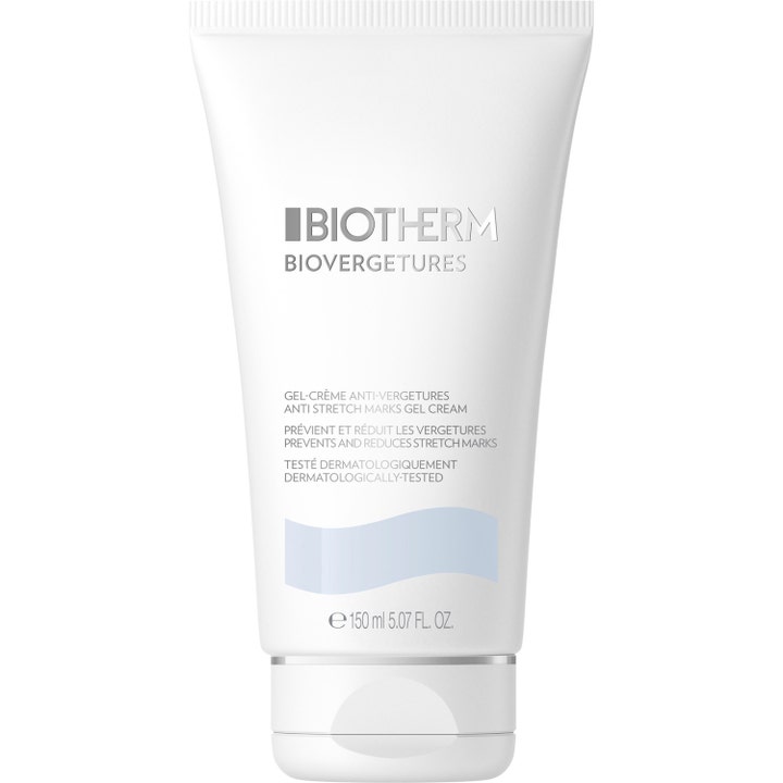 Biotherm Biovergetures 150 ml raskausarpia ehkäisevä geelivoide valkoisessa tuubissa vaaleansinisellä kuviolla.
