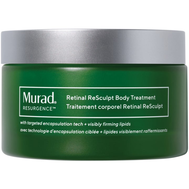 Murad Retinal ReSculpt Body Treatment kiinteyttävä retinal-vartalovoide vihreässä purkissa hopeisella kannella