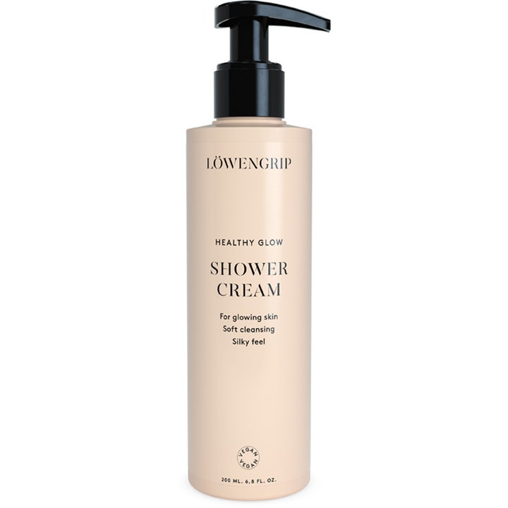 Löwengrip Healthy Glow Shower Cream 200 ml puhdistava suihkuvoide beigessä pumppupullossa.