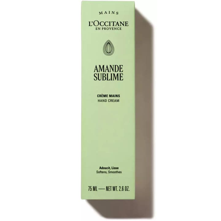 L'Occitane en Provence Almond Delicious Hands 75 ml pehmittävä käsivoide vaaleanvihreässä pahvipakkauksessa.