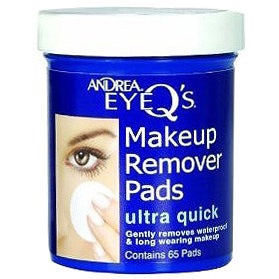 Andrea Eye Q's Makeup Remover Pads 65 kpl poistaa vedenkestävän meikin hellävaraisesti sinisessä valkokantisessa purkissa.