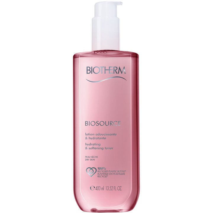 Biotherm Biosource Hydrating & Softening Toner 400 ml kosteuttava kasvovesi vaaleanpunaisessa pumppupullossa.