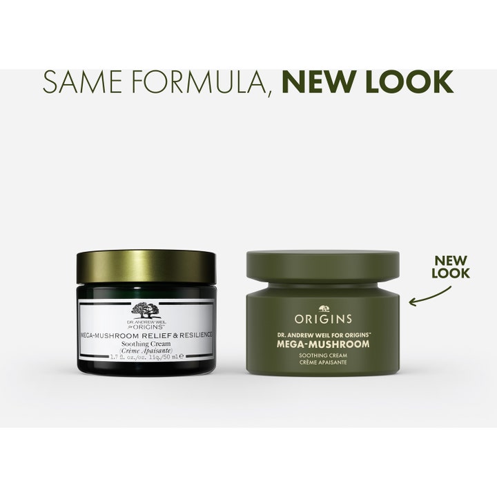 Origins Dr. Weil Mega-Mushroom 50 ml rauhoittava kasvovoide esittelee uuden mattapintaisen vihreän purkin