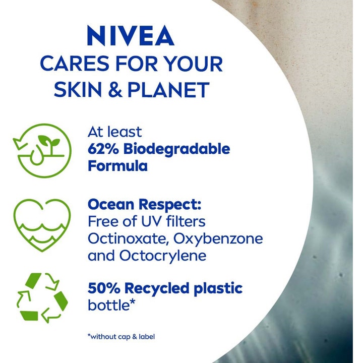 NIVEA Sun Sensitive Immediate Protect Lotion 200 ml solskydd med text om miljövänliga val och återvunnen plast.
