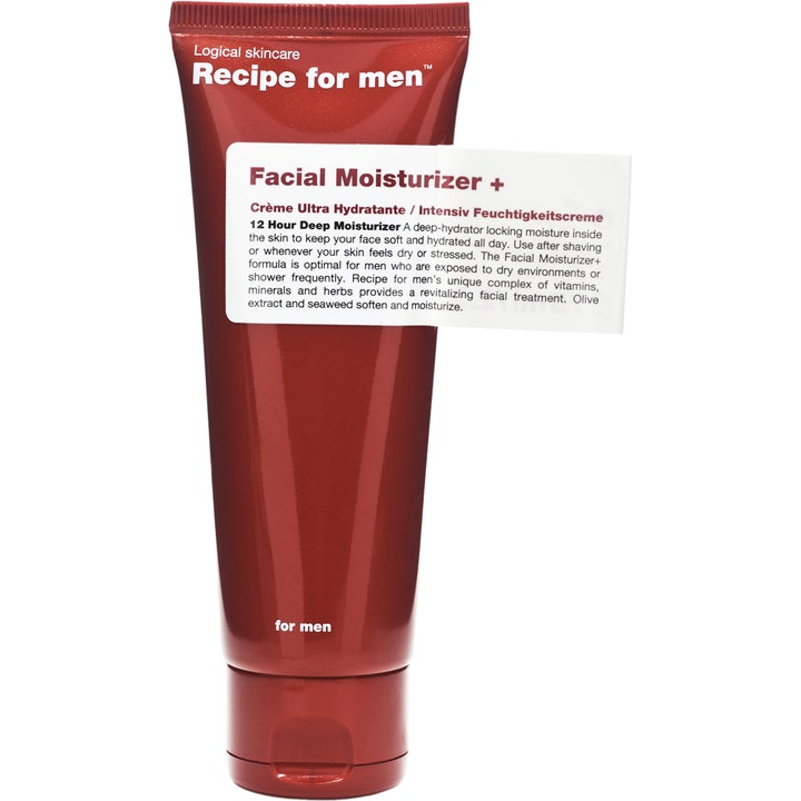 Recipe for men Facial Moisturizer + syväkosteuttava kasvovoide miehille tummanpunaisessa tuubissa valkoisella etiketillä