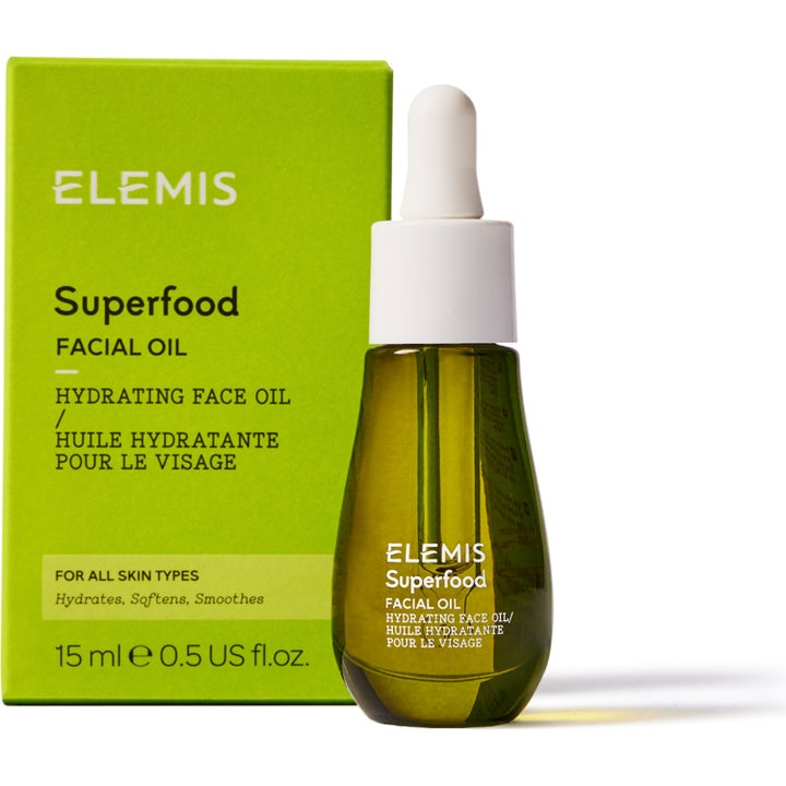Elemis Superfood Facial Oil 15 ml kosteuttava kasvoöljy vihreässä lasipullossa ja pakkauksessa.
