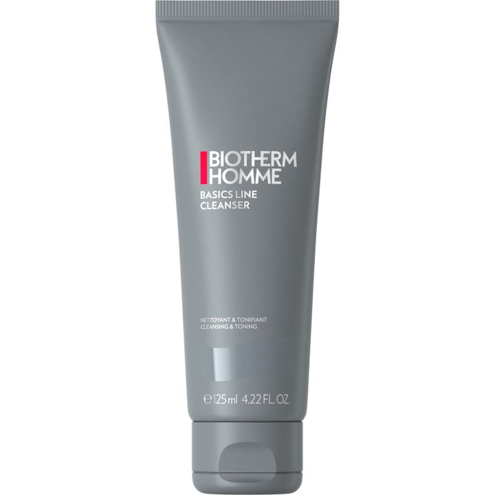 Biotherm Homme Basics Line Cleanser 125 ml puhdistava ja virkistävä kasvojenpuhdistusaine harmaassa tuubissa.