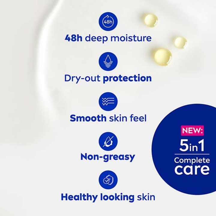 NIVEA Rich Nourishing Body Lotion 400 ml syväkosteuttava vartalovoide ja 5in1 hoito tekstikuvakkeilla ja öljypisaroilla