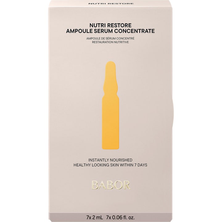 Babor Nutri Restore Ampoule 14 ml ravitseva seerumi elvyttää ihoa beigessä pakkauksessa keltaisella kuvalla