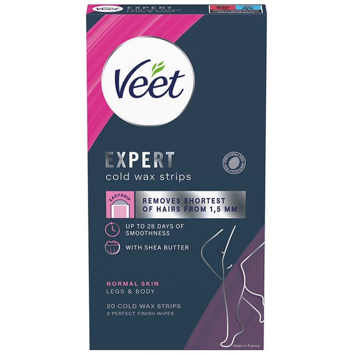 Veet Expert Cold Wax Strips 20 kpl kylmävahaliuskat jaloille ja vartalolle tummansinisessä pakkauksessa.