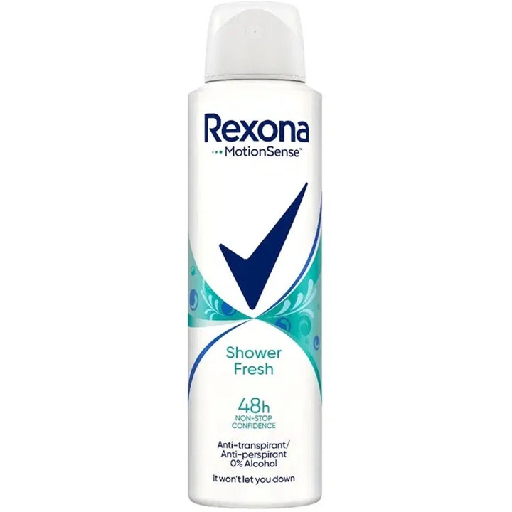 Rexona Shower Fresh 150 ml antiperspirantti ehkäisee hikeä valkoisessa suihkepullossa turkooseilla kuvioilla.
