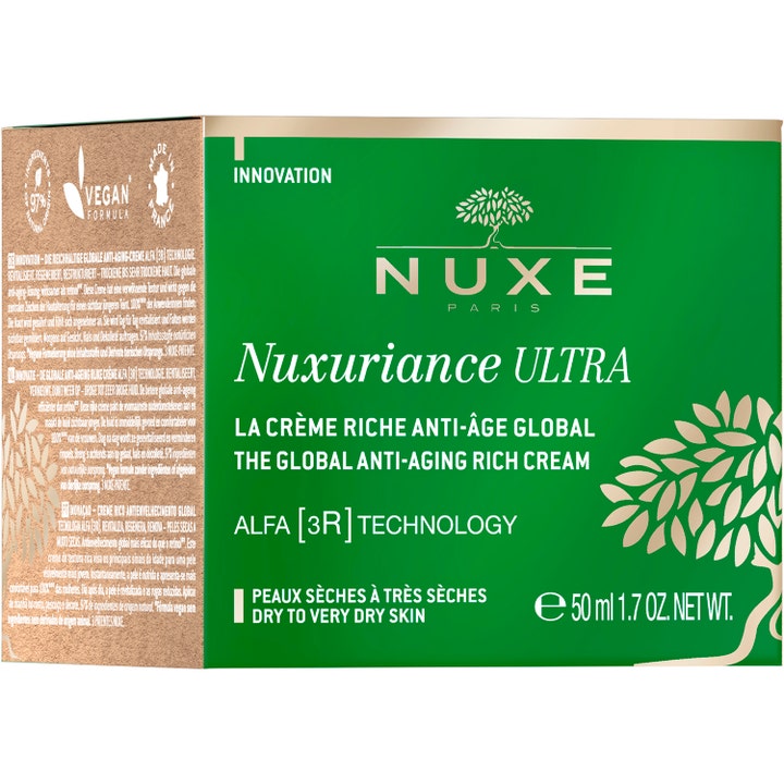 Nuxe Nuxuriance Ultra Rich Day Cream 50 ml ravitseva päivävoide vihreässä ja kultaisessa pakkauksessa silottaa ihoa.