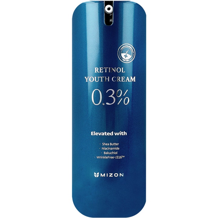 Mizon Retinol Youth Cream 0.3% ryppyjä silottava kasvovoide metallinhohtoisessa sinisessä pumppupullossa