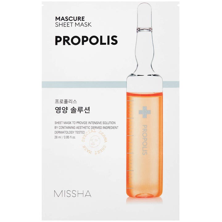 Missha Mascure Sheet Mask Propolis 28 ml ravitseva kangasnaamio valkoisessa pakkauksessa jossa on oranssi ampulli