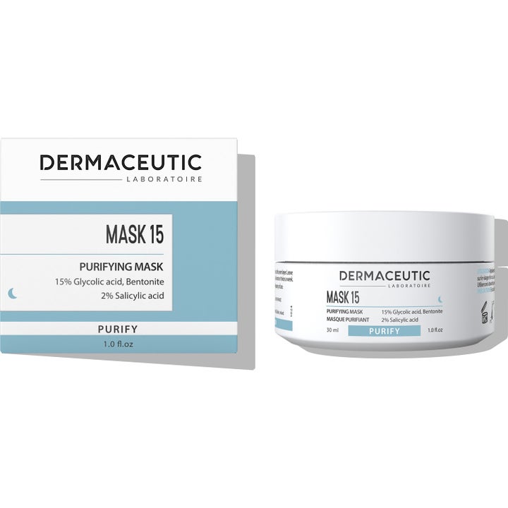 Dermaceutic Mask 15 30 ml syväpuhdistava kasvonaamio valkoisessa purkissa, sisältää glykoli- ja salisyylihappoa.