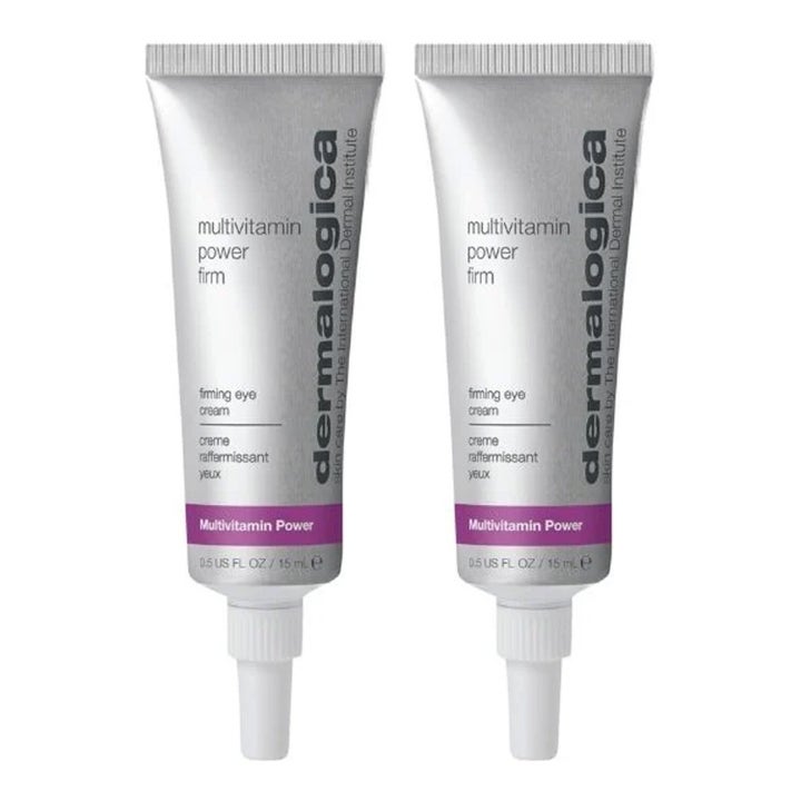 Dermalogica Multivitamin Power Firm 15 ml silmänympärysvoide kahdessa hopeisessa tuubissa häivyttää juonteita.