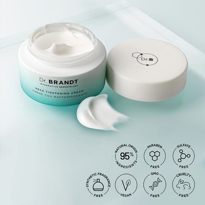 Dr. Brandt Neck Tightening Cream kiinteyttävä kaulavoide valkoinen täyteläinen koostumus liukuvärjätyssä purkissa