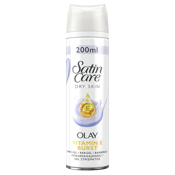 Gillette Satin Care Dry Skin 200ml ihokarvanajogeeli kosteuttaa kuivaa ihoa valkoisessa pullossa, jossa on kultainen pisara.