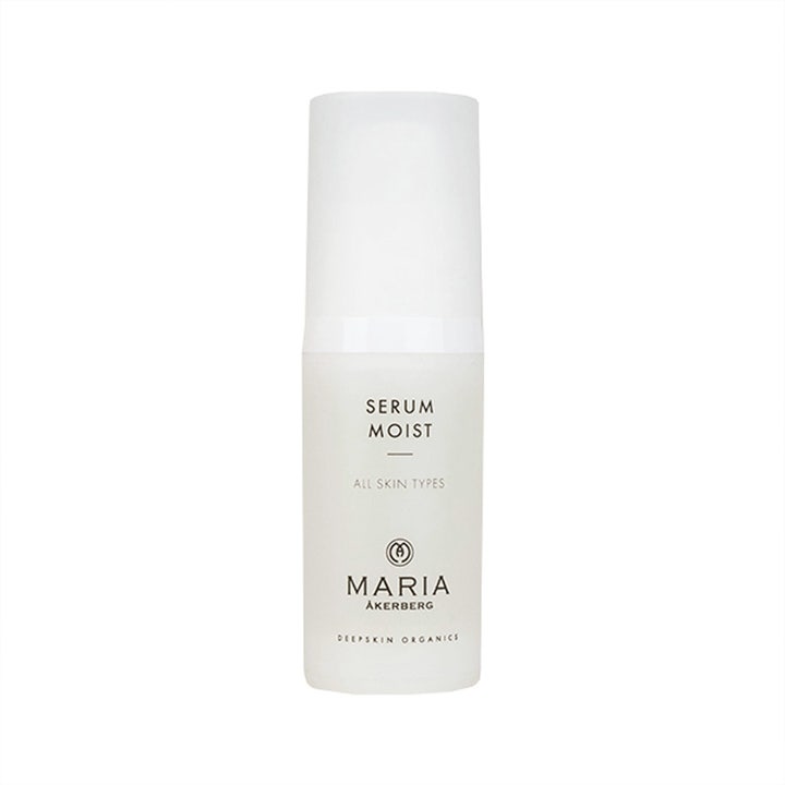 Maria Åkerberg Serum Moist 30 ml kosteuttava seerumi sitoo kosteutta ihoon valkoisessa huurteisessa muovipullossa.