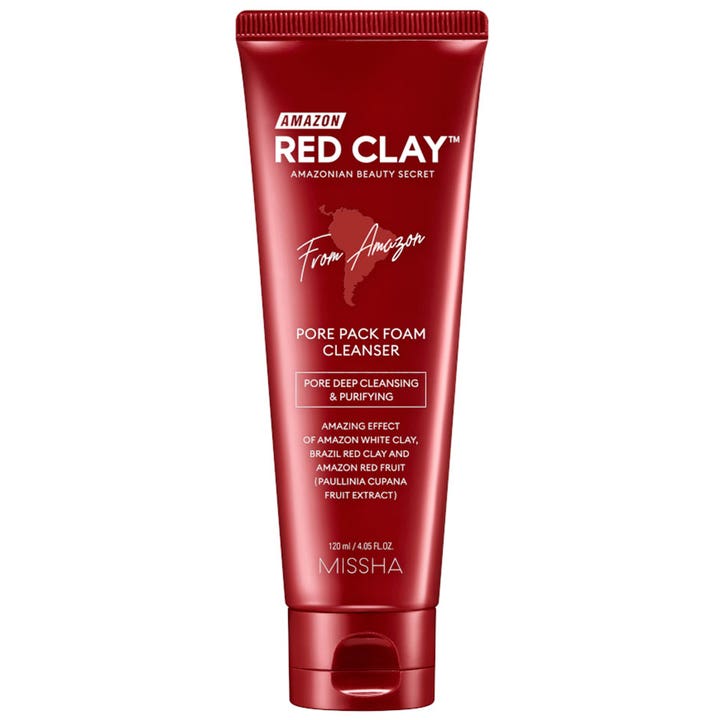 Missha Amazon Red Clay Pore Pack Foam Cleanser 120 ml syväpuhdistava puhdistusvaahto punaisessa muovituubissa.