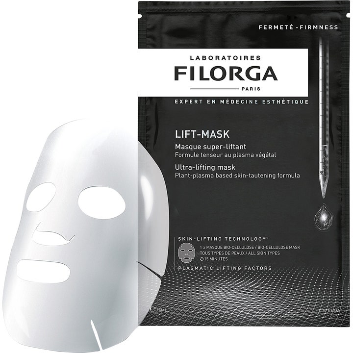 Filorga Lift-Mask 23 ml kiinteyttävä kangasmaski mustassa pakkauksessa ja valkoinen bioselluloosanaamio.