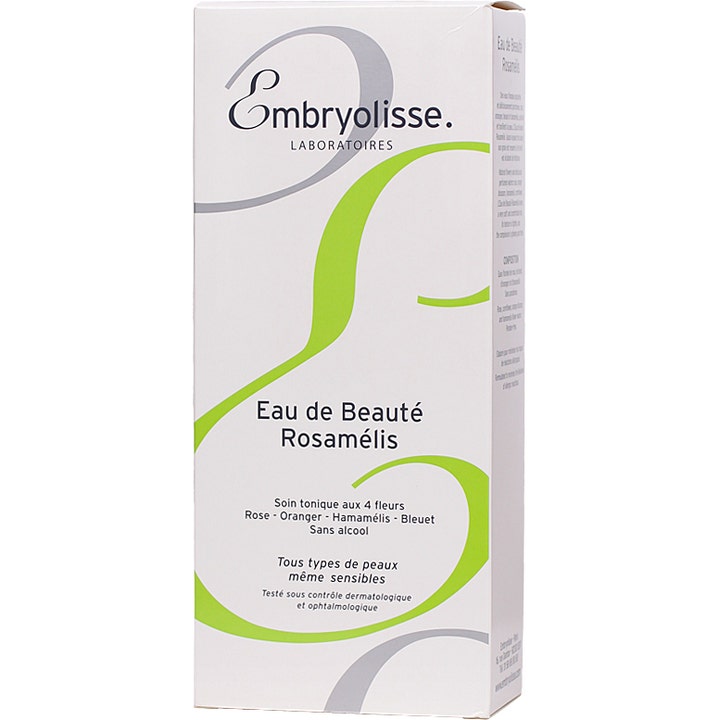 Embryolisse Eau de Beauté Rosamélis 200 ml virkistävä kasvovesi valkoisessa pakkauksessa vihreillä kuvioilla