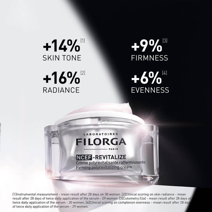 Filorga NCEF-Revitalize Cream 50 ml kiinteyttävä kasvovoide lasipurkissa parantaa ihon sävyä ja heleyttä.