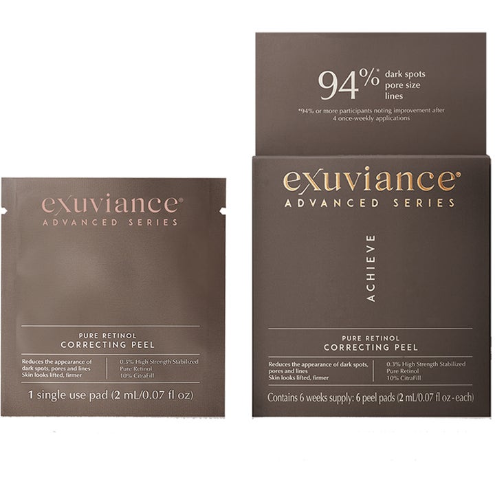 Exuviance Pure Retinol Correcting Peel 6 kpl uudistava kasvokuorinta ruskeassa pakkauksessa ja pussissa.