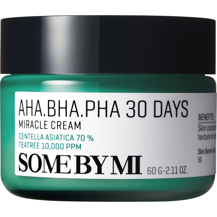 Some By Mi AHA BHA PHA 30 Days Miracle Cream 60 g rauhoittava kasvovoide vihreässä purkissa mustalla korkilla.