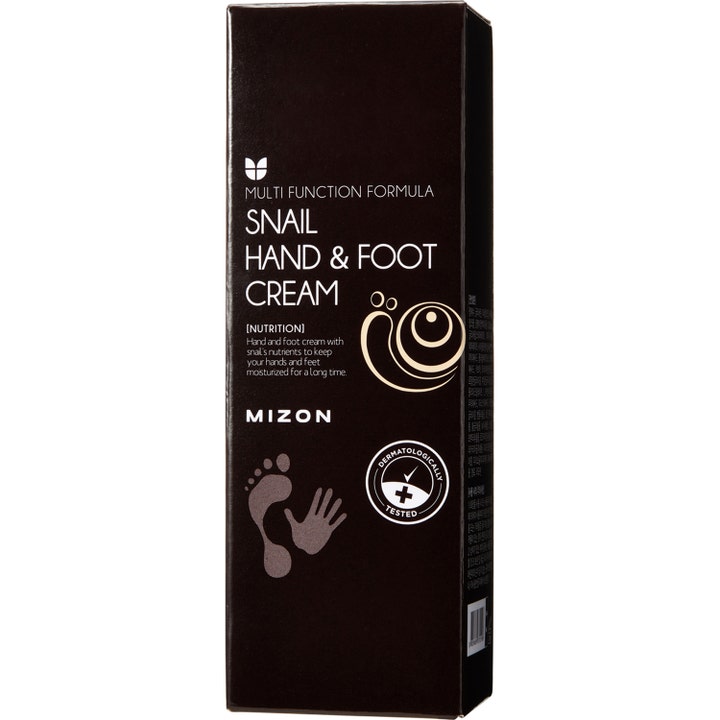 Mizon Snail Hand & Foot Cream ravitseva etanalimaa sisältävä käsi- ja jalkavoide tummanruskeassa pahvipakkauksessa.