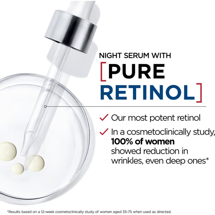 L'Oréal Paris Laser Pure Retinol Night Serum 30 ml ryppyjä silottava yöseerumi ja pipetti tiputtamassa puhdasta retinolia