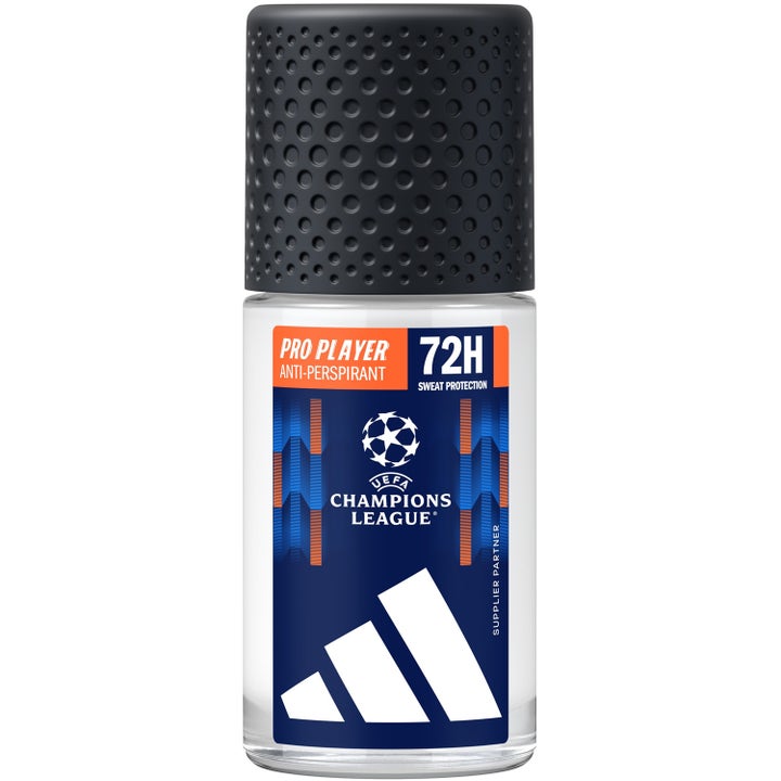 Adidas UEFA Champions League Pro Player 50 ml antiperspirantti antaa 72h suojan kirkkaassa lasipullossa mustalla korkilla.