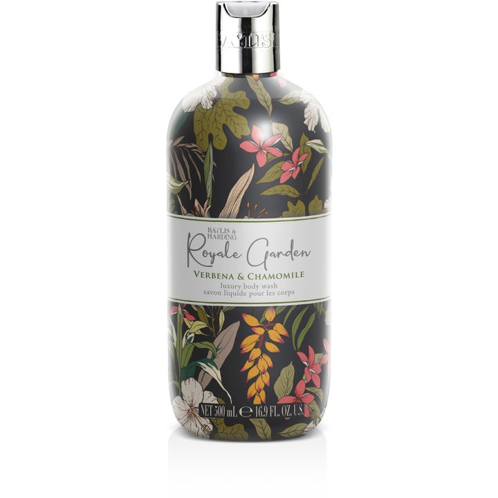 Baylis & Harding Royale Garden Verbena & Chamomile 500 ml puhdistava suihkugeeli kukkakuvioisessa mustassa pullossa.