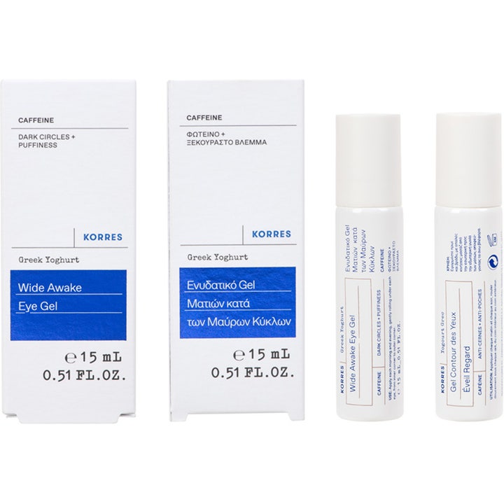 Korres Greek Yoghurt Wide Awake Eye Gel 15 ml kofeiinia sisältävä silmänympärysgeeli valkoisissa pakkauksissa.